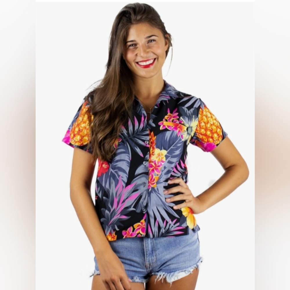 KING KAMEHA Hawaiian Pineapple Palm Hibiscus Tropical Shirt Women Top Sz Small